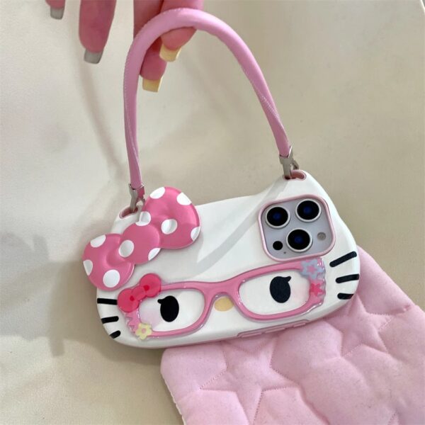 3d hello kitty glasses cute pink bow lovely phone case for iphone hand strap cord back cover