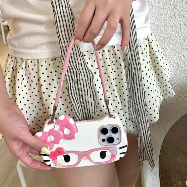 3d hello kitty glasses cute pink bow lovely phone case for iphone hand strap cord back cover