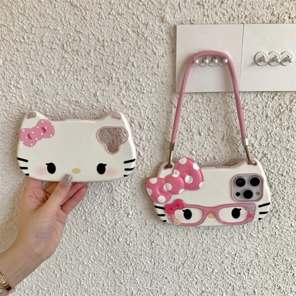 3d hello kitty glasses cute pink bow lovely phone case for iphone hand strap cord back cover