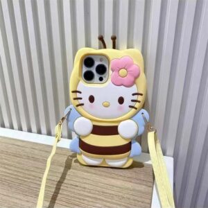 3d hello kitty bee honey phone case for iphone with lanyard silicone cover